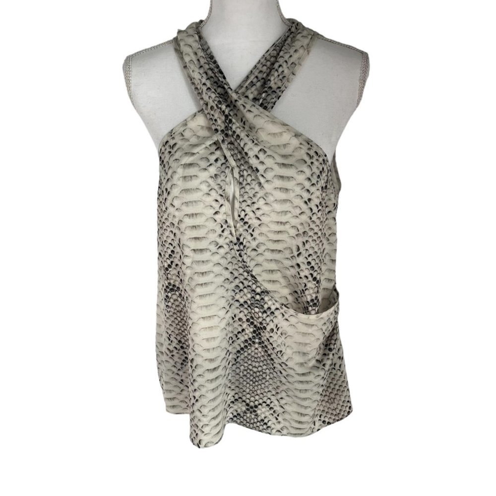 Haute Hippie White Grey Printed Cross Neck Halter Tank Top Large L